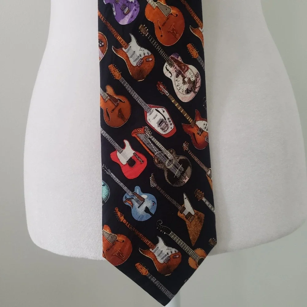 Tie Tales Mens 100%‎ Silk Neck Tie Guitar Print Novelty Music Rock Multicolor